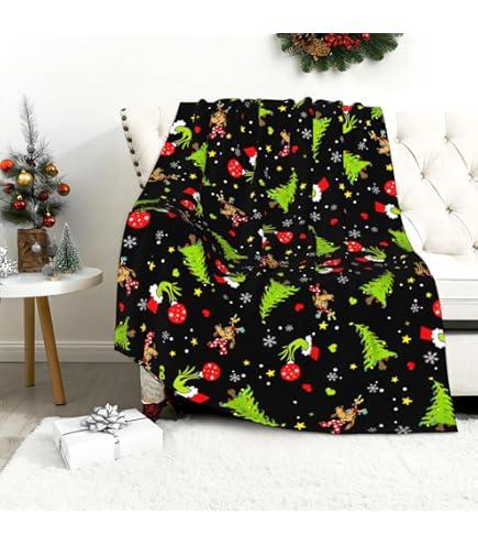 Merry Christmas Black Plaid Blanket Soft Flannel Fleece Throw Blankets Elk Snowman Tree Blanket Lightweight Cozy Warm Fuzzy Plush Blankets for Bed Sofa Living Room Home Decor Gifts, 50"x60"