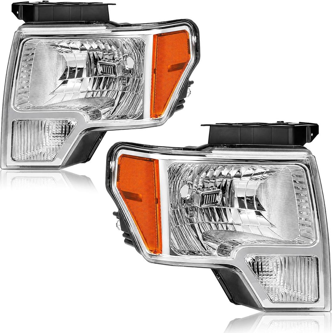 Fullux Headlights for 2009-2014 Ford F150 Pickup F-150 2010 2011 2012 2013 Amber Reflector Chrome Housing