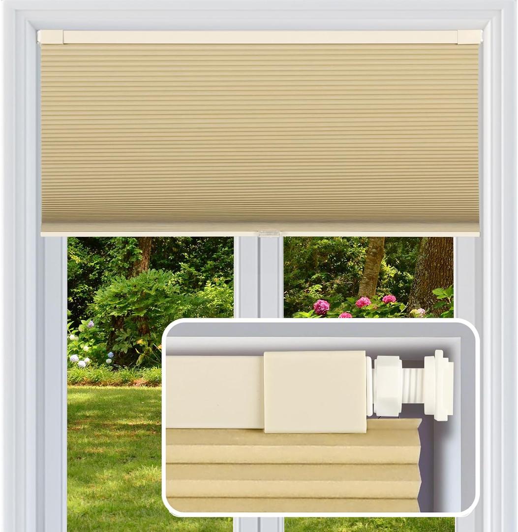 No Drill Cellular Shades Cordless Blackout Honeycomb Blinds 36"Wx64"H Beige | No Tool No Drill Design for Super Easy Installation, Cordless Design for Kids & Pets Safety, Aluminum Top Rail & Bottom Rod