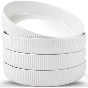4 Pack Pasta Bowls, 35oz Large Salad Bowls Plates, Serving Bowl for Soups and Salads, Wide and Shallow Ceramic Pasta Plates, Microwave & Dishwasher Safe, Textured Stripes, 8 inch(White)