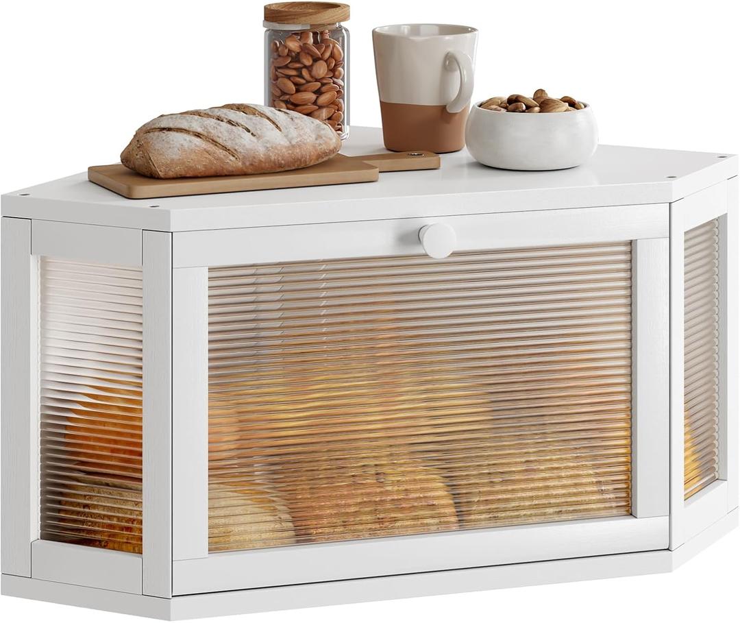 WOWLIVE Corner Bread Box for Kitchen Countertop, Bamboo Bread Storage Container, Large Farmhouse Bread Holder with Acrylic Wavy Door Panel, Multi-functional Container, White
