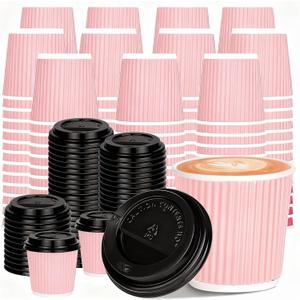 100 4oz Disposable Espresso Cups with Lids Ripple Corrugated Paper Disposable Coffee Cups Cups for Hot Chocolate, Tea, and Cocoa Drinks (Pink)
