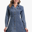Allegra K Women's Denim Dress Button Down Collar V Neck Long Sleeve A-line Cotton Jean Dress S