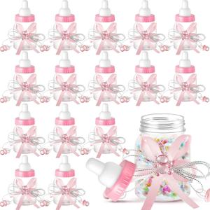 Nuenen 48 Pcs Baby Shower Milk Bottles with Ribbon Plastic Bear Candy Bottles Baby Shower Favors Gender Reveal Wedding Birthday Party Decorations(Pink)