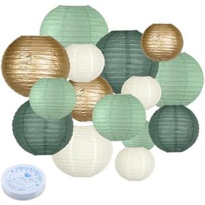 Paper Lanterns Decorative, Round Paper Lanterns Decorations Sage Green/Forest Green/Gold/White for Rustic Party Birthday Party Bachelorette Engagement Wedding Baby Shower 15pcs