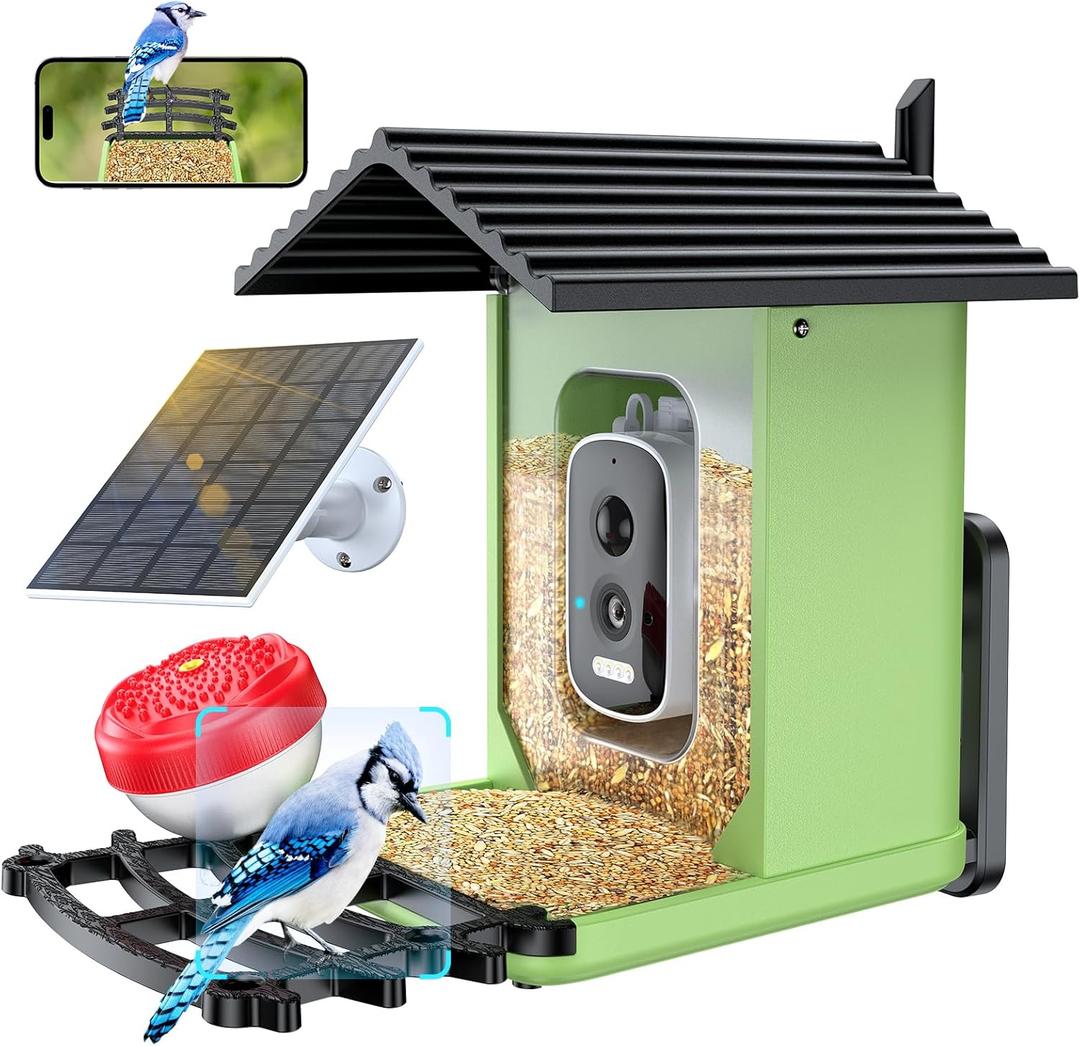 OPOWO Bird Feeder with Camera, 2K HD AI Identify Smart Bird House Camera with Solar Powered, Live View, Instant Arrival Alerts, Auto Capture Video for Outside, Supports 2.4GHz WiFi Only, Bright Green