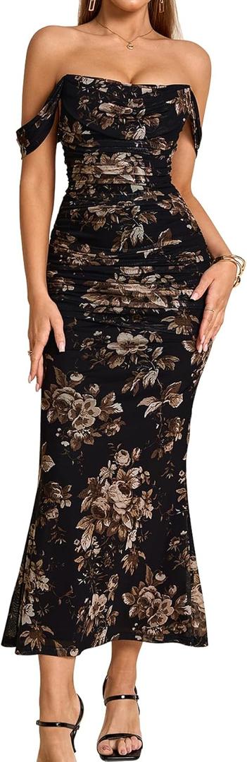 KUTUMAI Off The Shoulder Maxi Long Dress Corset Ruched Bodycon Cocktail Formal Wedding Guest Dresses for Women (Black, M)