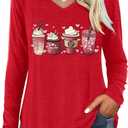 4 x Valentine V Neck Shirt for Women Cute Love Heart Long Sleeve Casual Tee Tops (Red, S)