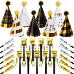 30 Pcs Gold Birthday Party Hats Cone Hats Includes 8 Birthday Paper Hats and 22 Noise Makers