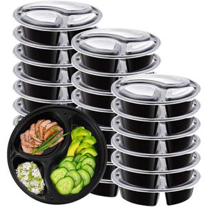 25 Pack Meal Prep Containers Reusable 34 oz 3 Compartment Divided Food Containers with Lids Plastic Stackable Portion Control Bowls for Microwave, Dishwasher, Freezer Safe