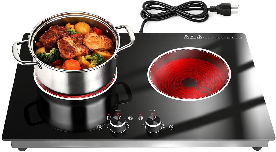 2 Burners Electric Cooktop 24 Inch, 1800W Knob Control Electric Stove Top Burner Hot Plate, 110V-120V Bulit-in & Countertop Ceramic Radiant Stove with Timer, Multi-Ring Control