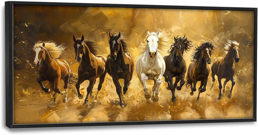 Large Horse Wall Art Lucky 7 Running Horses Painting Wall Decor Golden Canvas Prints Pictures Modern Framed Artwork Home Decoration above Bed for Living Room Dining Room Bedroom Office 60"x30"