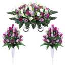 Lodou Artificial Cemetery Flower Saddles for Graves, Cemetery Memorial Flowers with Vase and 2 Memorial Bouquets for Grave Tombstone,Outdoor Grave Saddle Headstone Decorations (Purple White)