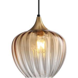 Amber Glass Pendant Lights Kitchen Island, 9" Vintage Hanging Lamp Ceiling Lighting Fixtures, Brushed Gold Modern Chandelier for Dining Room Restaurant Bedroom Foyer Entryway
