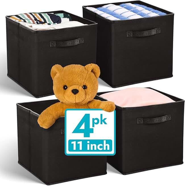 Reli. 11 Inch Cube Storage Bins (4 Pack) | Cube Organizer Bins | 11x11 Fabric Storage Boxes | Collapsible, Foldable Fabric Cubby Box (Square) | Kids Room Organization (Black)