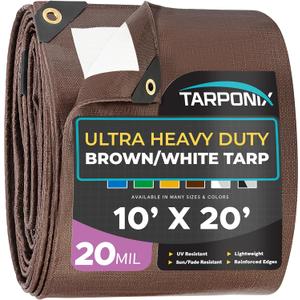 10' x 20' Ultra Heavy Duty Tarp  20 Mil Brown/White Waterproof Outdoor Cover, UV Protection, Reinforced Corners, Ideal for Camping, Tent, and Outdoor Use