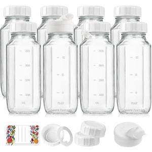 6 Pack 16 Oz Reusable Glass Milk Bottles w 100% Airtight Heavy Duty SCREW Lid & 2 Pour Spouts - Glass Juice Bottles w Capacity Mark - Beverage Drinking Jar Juice Container Breast Milk(Extra 2 Lids)