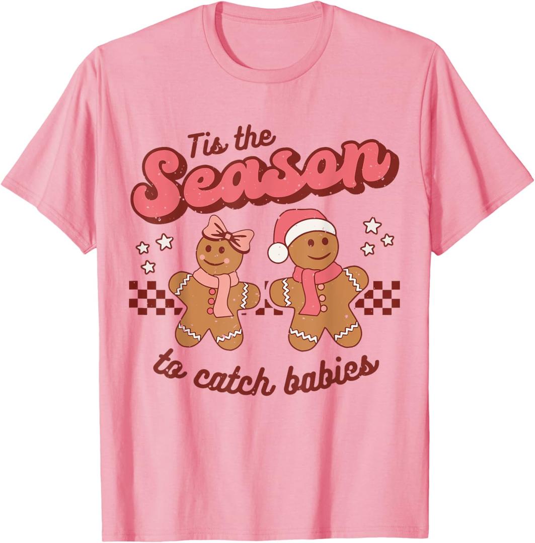 Christmas Labor And Delivery Postpartum Nurse Retro Midwife T-Shirt, S