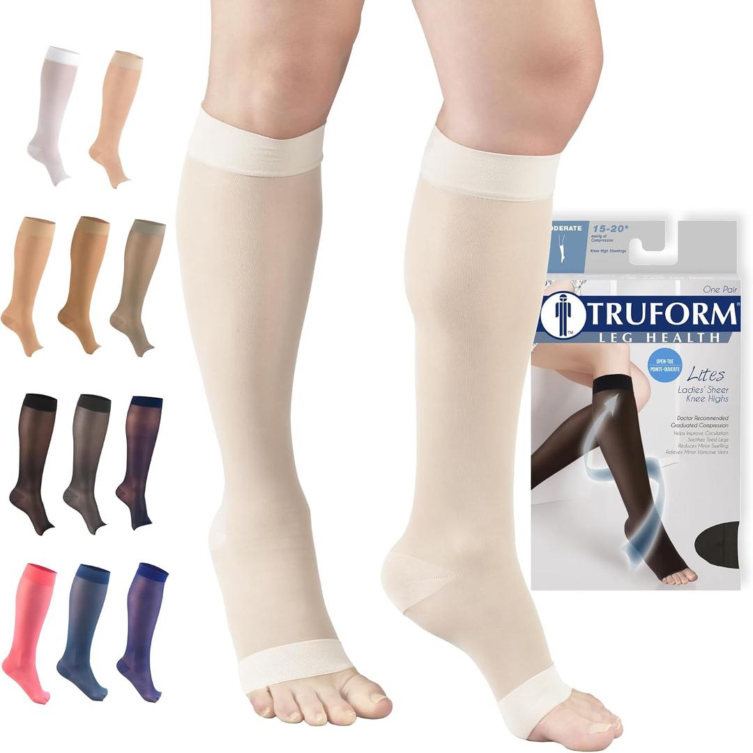 Truform Sheer Compression Stockings, 15-20 mmHg, Women's Knee High Length, Open Toe, 20 Denier, Ivory, Small