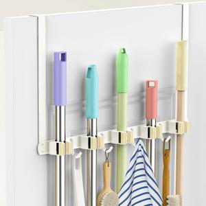 Broom Holder Over The Door Drilling Free Mop and Broom Holder with 4 Over Door Hook, Metal Mop and broom hanger Wall Mount Broom Storage Tool Organizer for Laundry Room Garage Kitchen Bathroom - 1Pack (white)