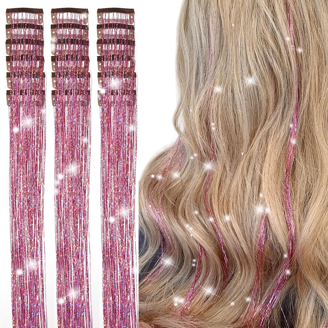 Hair Tinsel Clip in Pack of 18 Pcs 20 Inch Clip in Hair Tinsel Pink Glitter Tinsel Hair Extensions Fairy Hair Clips Party Dazzle Hair Accessories for Girls Kids Women (Pink-18 Pcs)