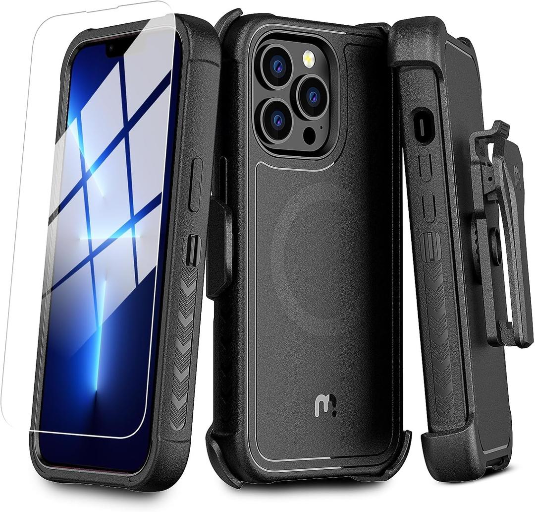 M MYBAT PRO Maverick Series iPhone 13 Pro Max Case with Belt Clip Holster,w/Screen Protector,Anti-Drop,Shockproof,with 360Rotating Kickstand,Heavy Duty Protection Black