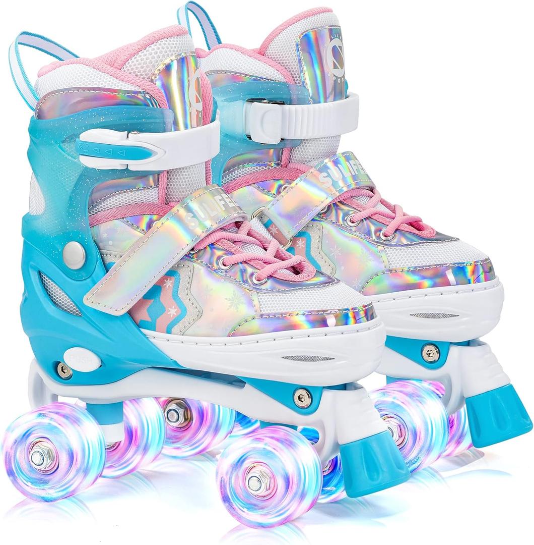 SULIFEEL Rainbow Unicorn 4 Size Adjustable Roller Skates for Girls Boys for Kids Ages 3-5 5-8 6-12 Children Skates Indoor Outdoor (Large - Youth)