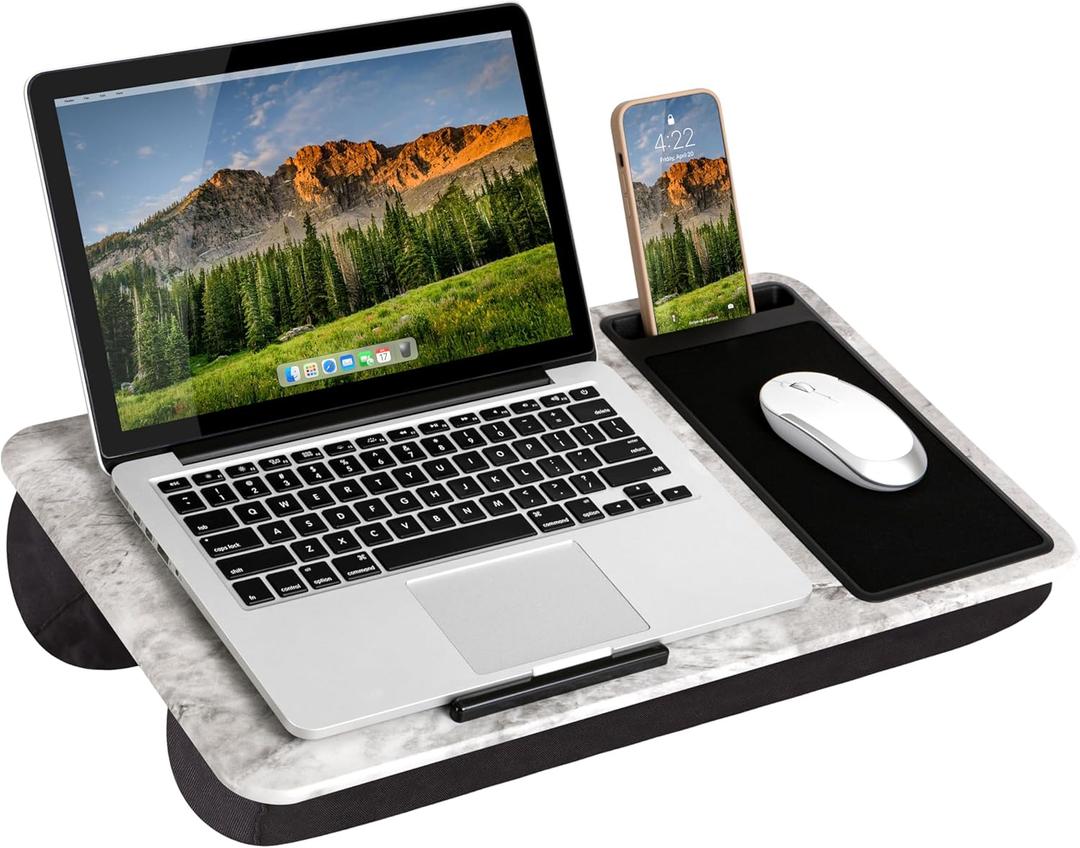 LAPGEAR Home Office Lap Desk with Device Ledge, Mouse Pad, and Phone Holder - White Marble - Fits Up To 15.6 Inch Laptops - Style No. 91501