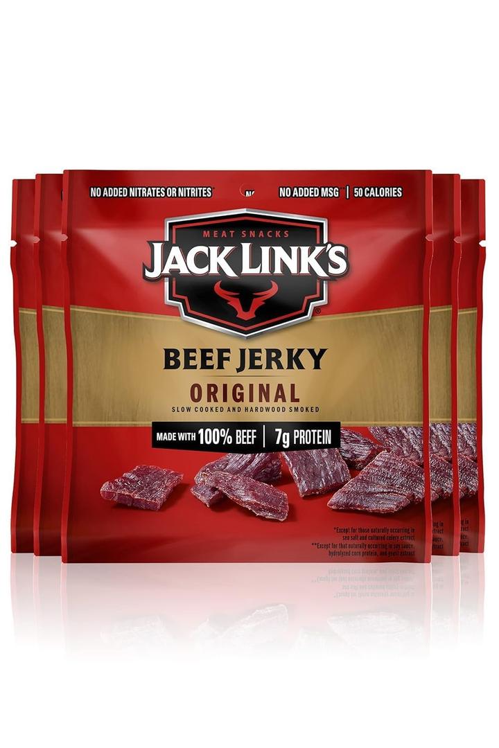 Jack Link's Beef Jerky, Original, Multipack Bags  Flavorful Meat Snacks for Lunches, Ready to Eat Protein Snacks, Individual Packs - 7g of Protein, Made with 100% Beef  0.625 Oz (Pack of 5)