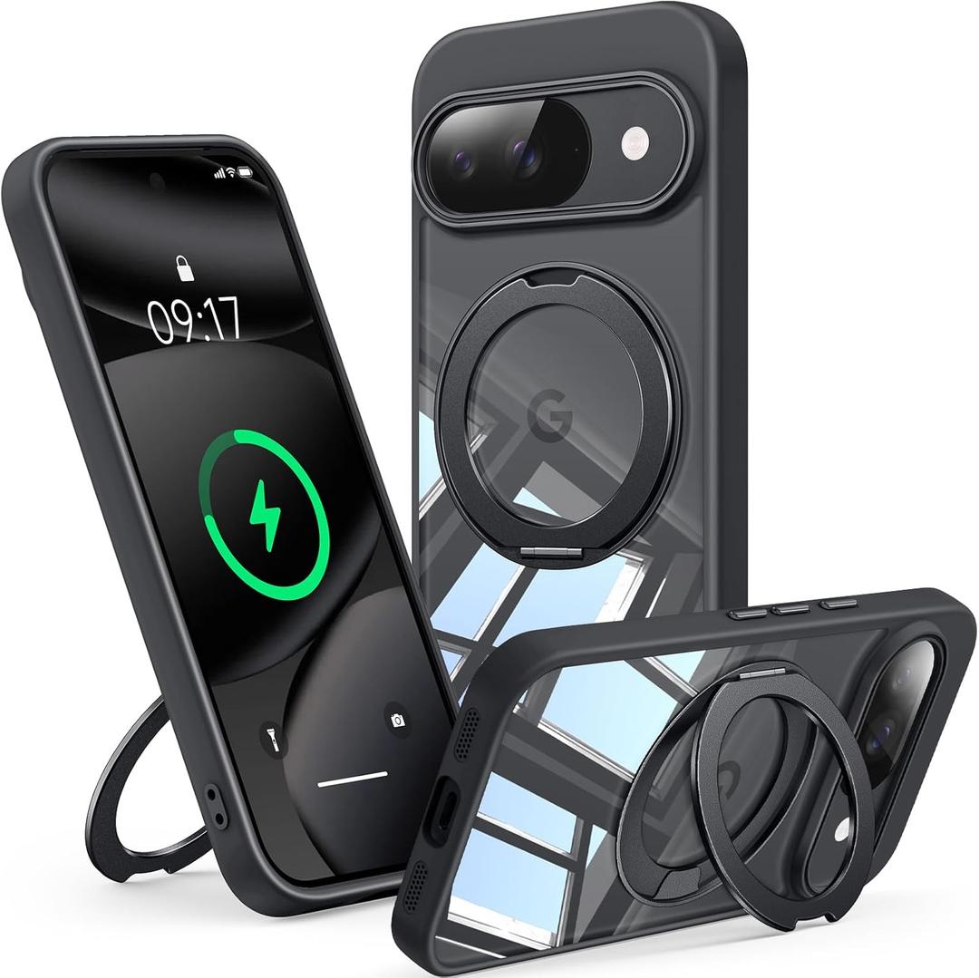 360Spin Magnetic Stand Case for Pixel 10/10 ProFit for MagSafe & Pixelsnap Cover with Ring HolderCrystal Clear Camera Protection Phone Google 10/10 Pro Cases - Black