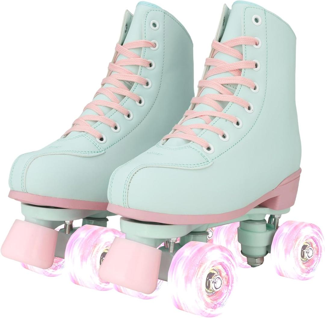 XUDREZ Roller Skates for Girls and Women, Light Green PU Leather Indoor Outdoor Roller Skates with Pink Light Up Wheels for Youth Kids Girls | 38-US Women 7, Youth 6