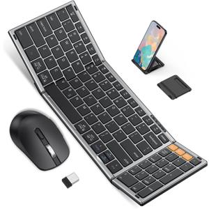 Foldable Keyboard and Mouse 2.4G Wireless + Dual Bluetooth, Portable Keyboard Mouse for Business Travel, OMOTON Rechargeable Ergonomic Design for iPad Android Tablet MacOS Windows Laptop, Space Grey