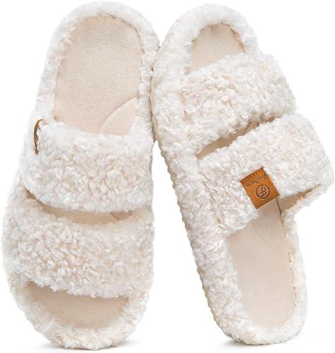 EverFoams Womens Fuzzy Open-toe Slippers Soft Comfy Memory Foam Indoor House Shoes Vanilla Ice, 7-8 US