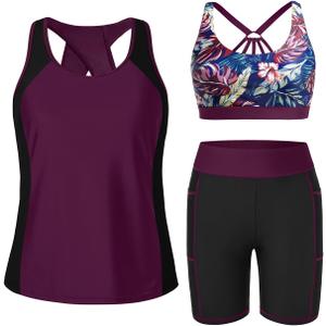 Tempt Me Women 3 Piece Tankini Swimsuits - Athletic Bathing Suits Swim Tank Top with Boy Shorts and Bra Modest Swimwear 2026 (Large, Purple Leaves)