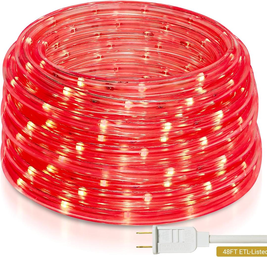 Areful 48ft Red LED Rope Lights Outdoor Waterproof - 324 LEDs Christmas Rope Lights, 120V ETL Certified, Connectable to 192ft, w/24 Mounting Clips & Screws for Holiday Decor