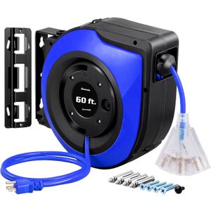 DEWENWILS Retractable Cord Reel, 60FT Heavy Duty Extension Cord, 12AWG/3C SJTOW, 3 Grounded Outlets Lighted Triple Tap, 15A Circuit Breaker, Wall/Ceiling Mounted for Garage, Workshop, UL Listed, Blue