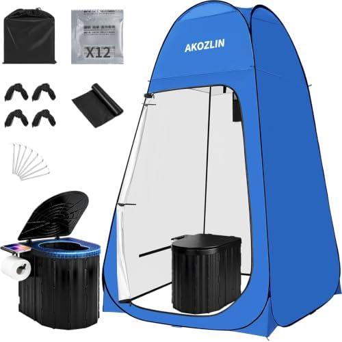 AKOZLIN Portable Camping Toilet with Pop-Up Privacy Tent and Liquid Waste Gel, Outdoor Camp Toilet for Adult with Shower Tents Changing Room Bathroom & Carry Bag for Camping, Hiking, Road Trip, Beach