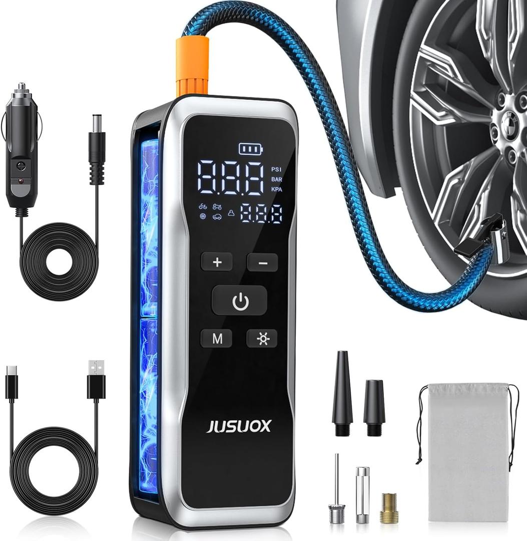 Tire Inflator Portable Air Compressor, Air Pump for Car Tires 150PSI Cordless Rechargeable Battery and 12V DC, Electric Bike Pump with Pressure Gauge, Auto Shutoff, for Ball, Motorcycle (Black)