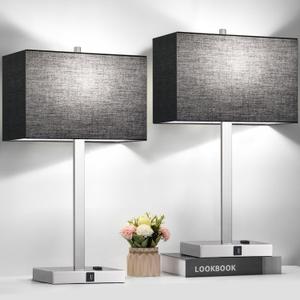 Lynnoland 21" Table Lamps with USB-A+C & AC Outlets, Touch Control 3-Way Dimmable Nightstand Lamps for Bedroom Living Room Office Reading, Black Shade Bedside Lamps, 5000K LED Bulbs Included (Black Linen& Brushed Nickel(Base)-Two 5000K Bulbs Included)