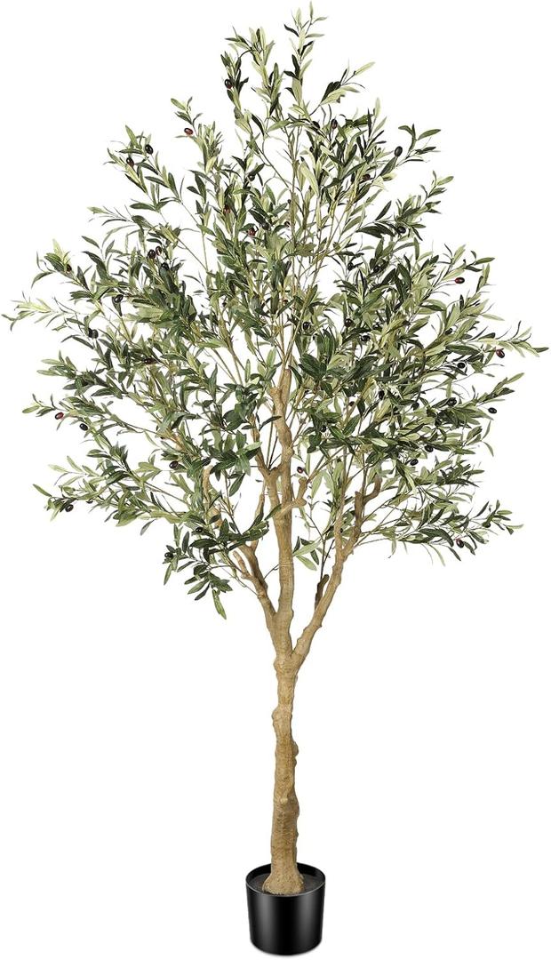 FEELEAD Faux Olive Tree 7ft - Realistic Artificial Olive Tree 7 Feet Indoor (84") - Tall Fake Potted Olive Silk Tree Artificial Indoor with Natural Wood Trunk for Home Office Decor