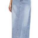 MISS MOLY Women's Jean Skirt Stretch High Waisted Frayed Raw Hem A Line Denim Midi Skirt with Pockets (Medium, 1 Vintage Blue)