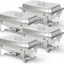 Alpha Living 4 Pack Chafing Dish Full Set Stainless Steel Catering Chafer with Lids, Pans & Fuel Holders Buffet Food Warmers for Parties, Events & Weddings Alpine Gray Handles 4 Pack - Regular Edge