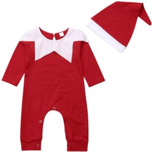 Gueuusu My First Christmas Outfit Baby Elf Costume Long Sleeve Santa Claus Romper Jumpsuit with Hat Clothes (Red, 6-12 Months)