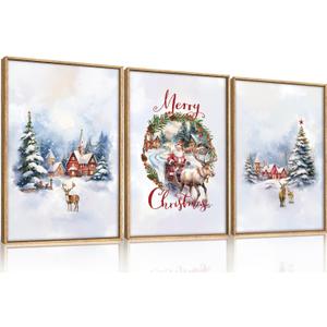 HPINUB Christmas Santa Reindeer Framed Canvas Wall Art Set Sleigh Deer Winter Snow Forest Tree Wall Decor Wonderland Art Print for Living Room,Bedroom,Party-16" x24"x3