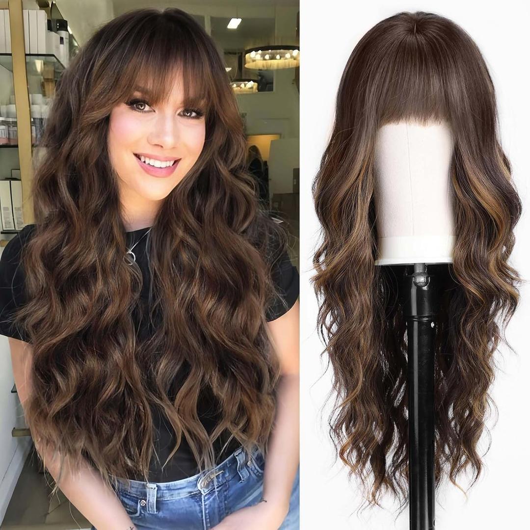 HAIRCUBE Brown Wig with Bangs for Women Brown and Blonde Long Wavy Hair Wig Wig Curly Wavy Synthetic Wigs for Girls Daily Party Use