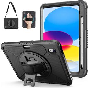 ZtotopCases for iPad (A16) 11th/10th Generation 11''/10.9'' 2025/2022, Heavy Duty Case with Screen Protector & 360-Rotating Hand Strap, Full-Body Drop Protection Cover, Black