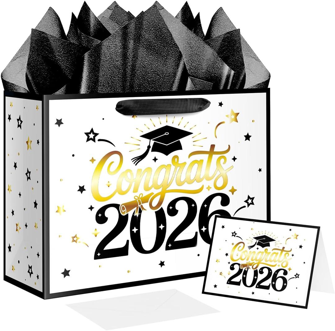 XiaosRen Large Graduation Gift Bag, Congrats 2026 Gift Bag with Tissue Papers and Card for College, Class of 2026 Graduate Party Decor Supplies (White Black)