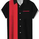 Men's Vintage Bowling Shirts 1950s Casual Short Sleeve Button Up Contrast Shirt Summer Color Block Cuban Shirts (4X-Large, Red and Black)