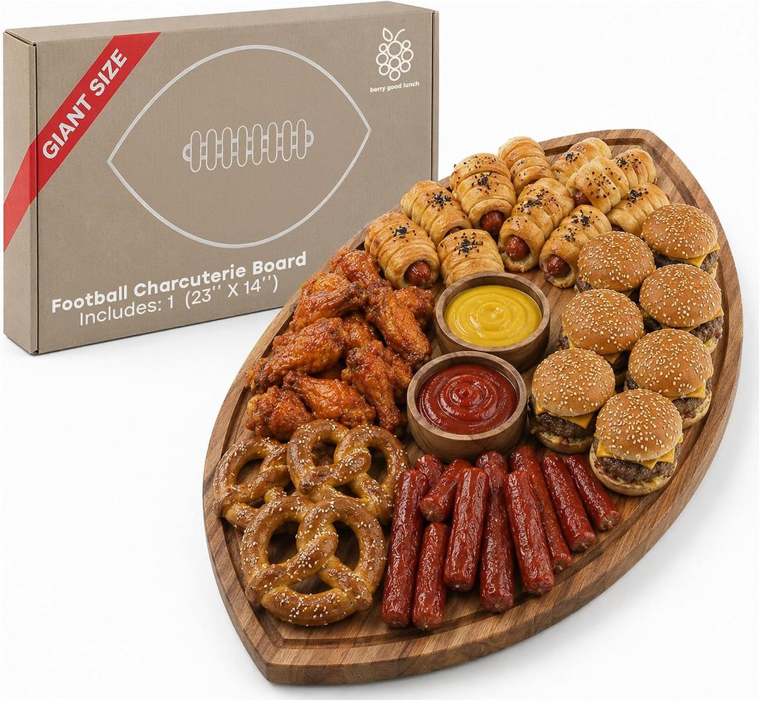 Giant Football Shaped Cutting Board 23.5X14 Inch – Jumbo Size Acacia Wood Charcuterie Tray – Extra Large Wooden American Football Serving Platter Super Bowl Parties, Tailgate Hosting & Gifts