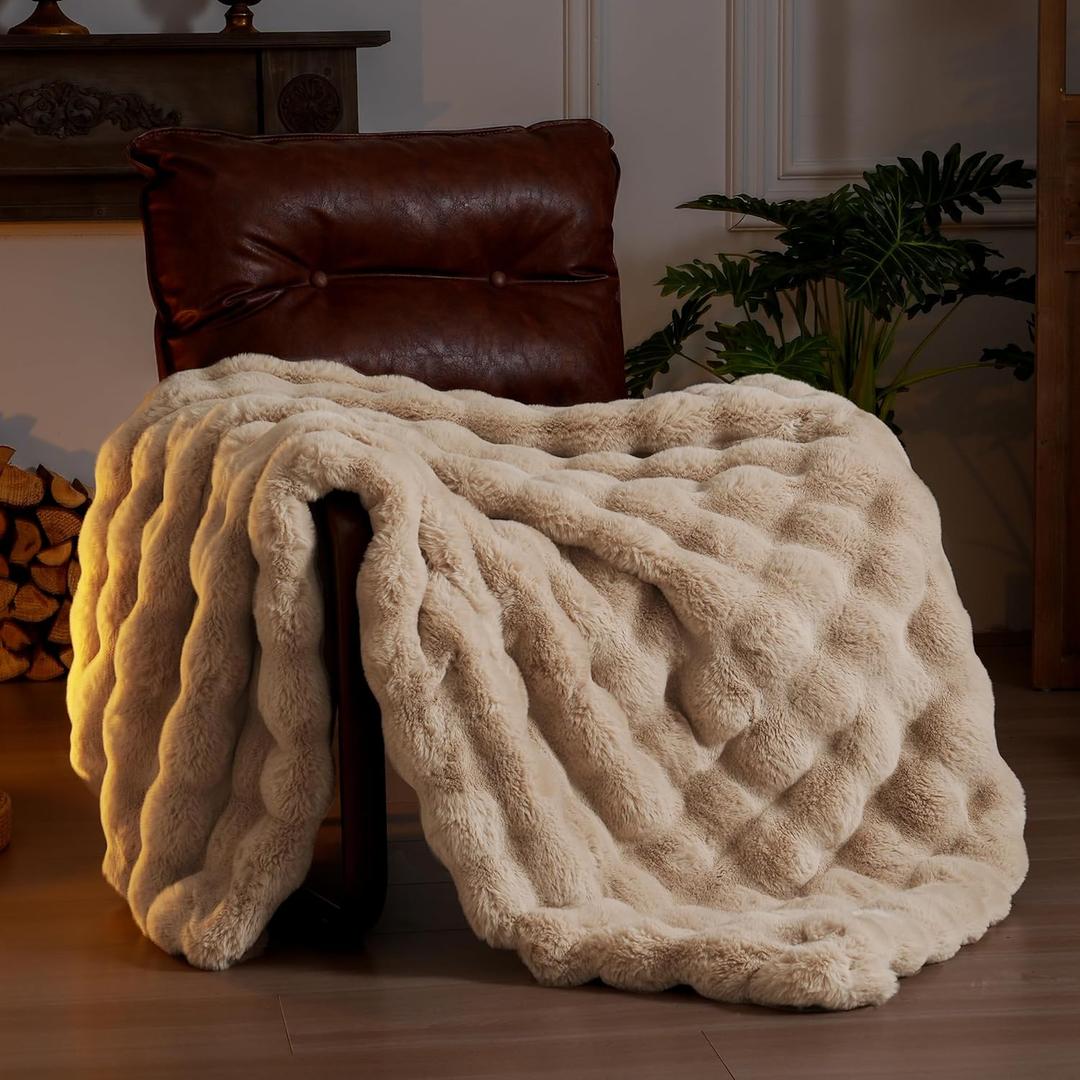 Faux Fur Throw Blanket for Couch Bed - Fluffy Soft Thick Bubble Blanket for Living Room Home Decor - Fathers Day Birthday Gifts for Women Men, Black, 60" x 80"